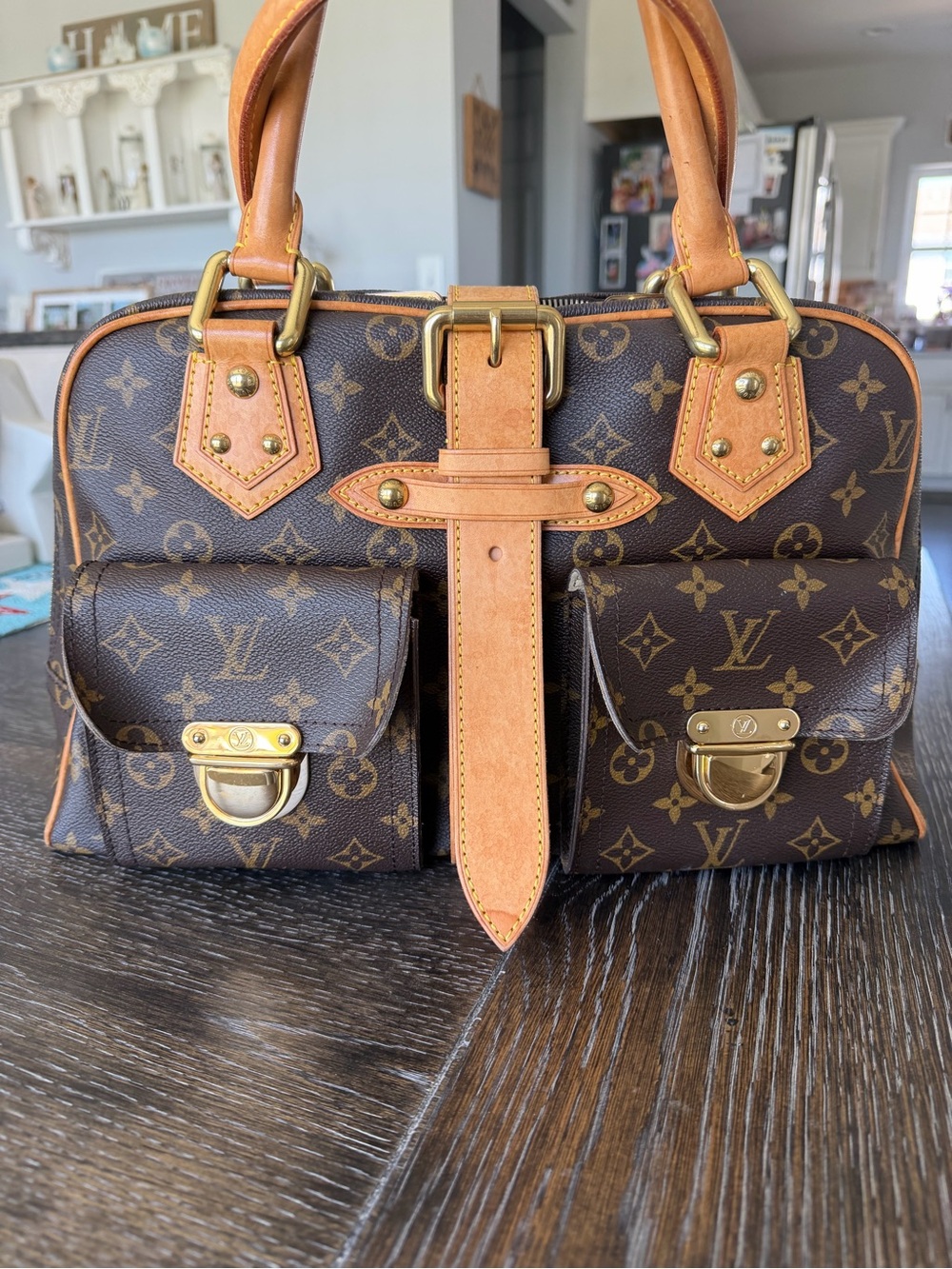 Louis Vuitton Brown Monogram Canvas Satchel with Tan Leather and Gold Hardware